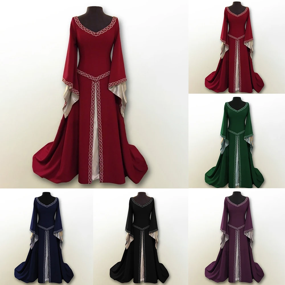 Women Ladies Medieval Renaissance Dress Wedding Party Cosplay Costume V Neck Maxi Dress Robe Fashion