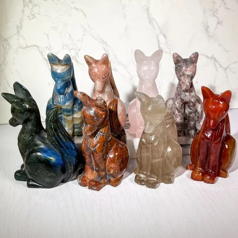 Natural crystal elongated stone fox statue sculpture, gemstone engraving, laser engraving, reiki treatment, feng shui ornament