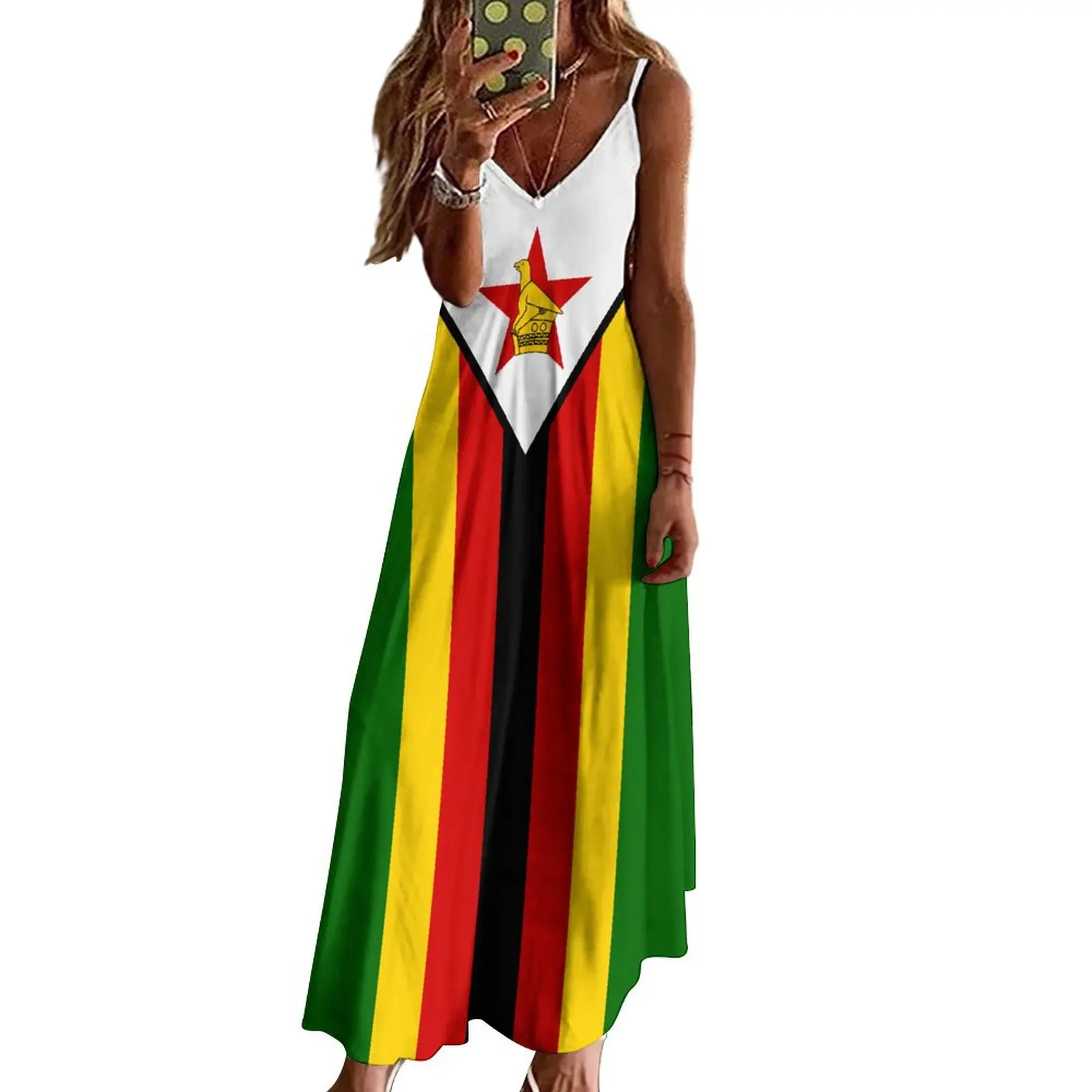 Long Dresses Dress Zimbabwe Flag Print New Casual Sleeveless Women\'s V-Neck Printed Dress Swing Retro Dresses