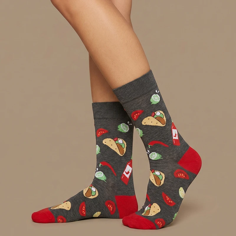 

1 Pair of Unisex Socks with Dark Gray Background, Taco and Chili Sauce Pattern, Red Contrast Heel and Toe, Polyester, Breathable, Fun, Mid-Calf Length, Suitable for Everyday Wear