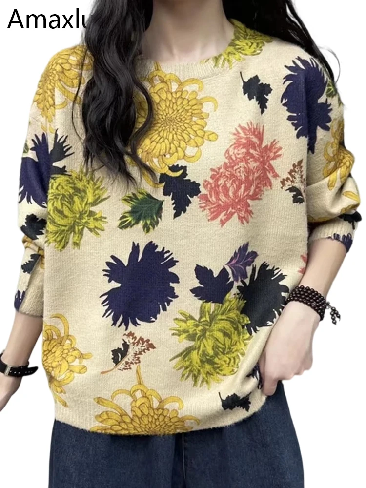 

Amax luluE Korean Fashion Knitwear Women Autumn Printed Loose Sweaters Ladies Casual Warm Pullover Classic Luxury Floral Jumpers