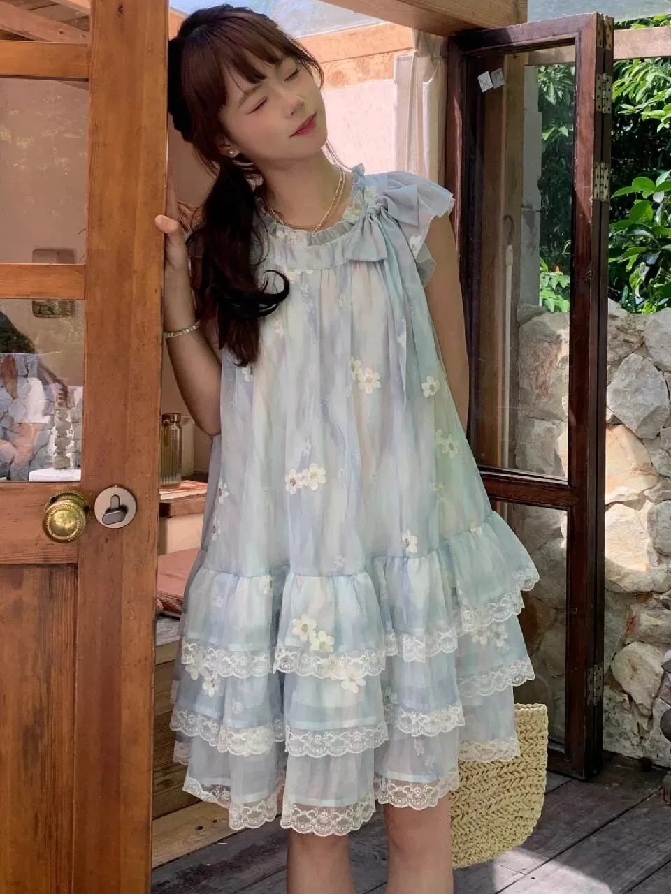 Bleu imprimé fleuri coupe ample été Dr femmes 2025 nouveau Sle petite taille Agel Svel Princ robe noeud