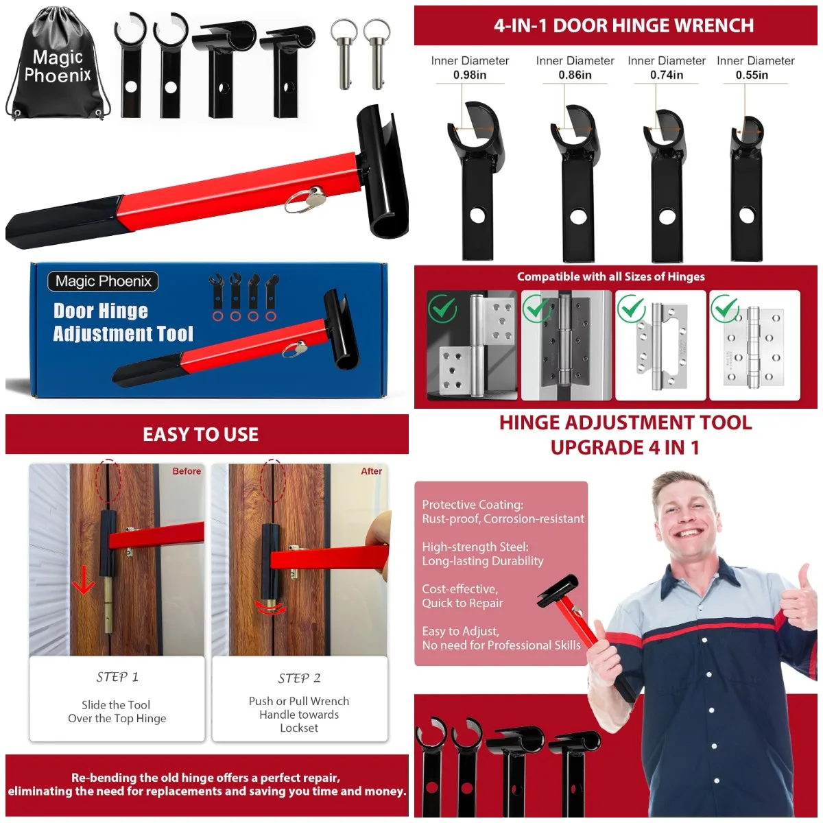 

4-in-1 Hinge Adjustment Wrench Kit, Durable Painted Steel with Rubber Grip for Residential & Commercial Use