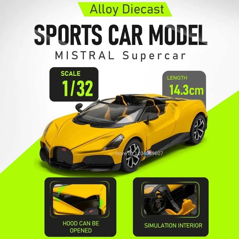 

1:32 Scale Model Supercar Mistral 750S Toys Alloy Diecast Doors Opened Rubber Tires with Acrylic Dust Cover Sports Car Ornaments