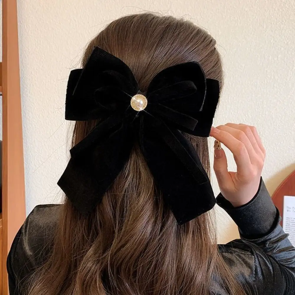 

Circle Diamond Pearl Red Bow Hair Clip Velvet Soft Black Bow Hairpins Big Bowknot Headwear Christmas Hair Accessories