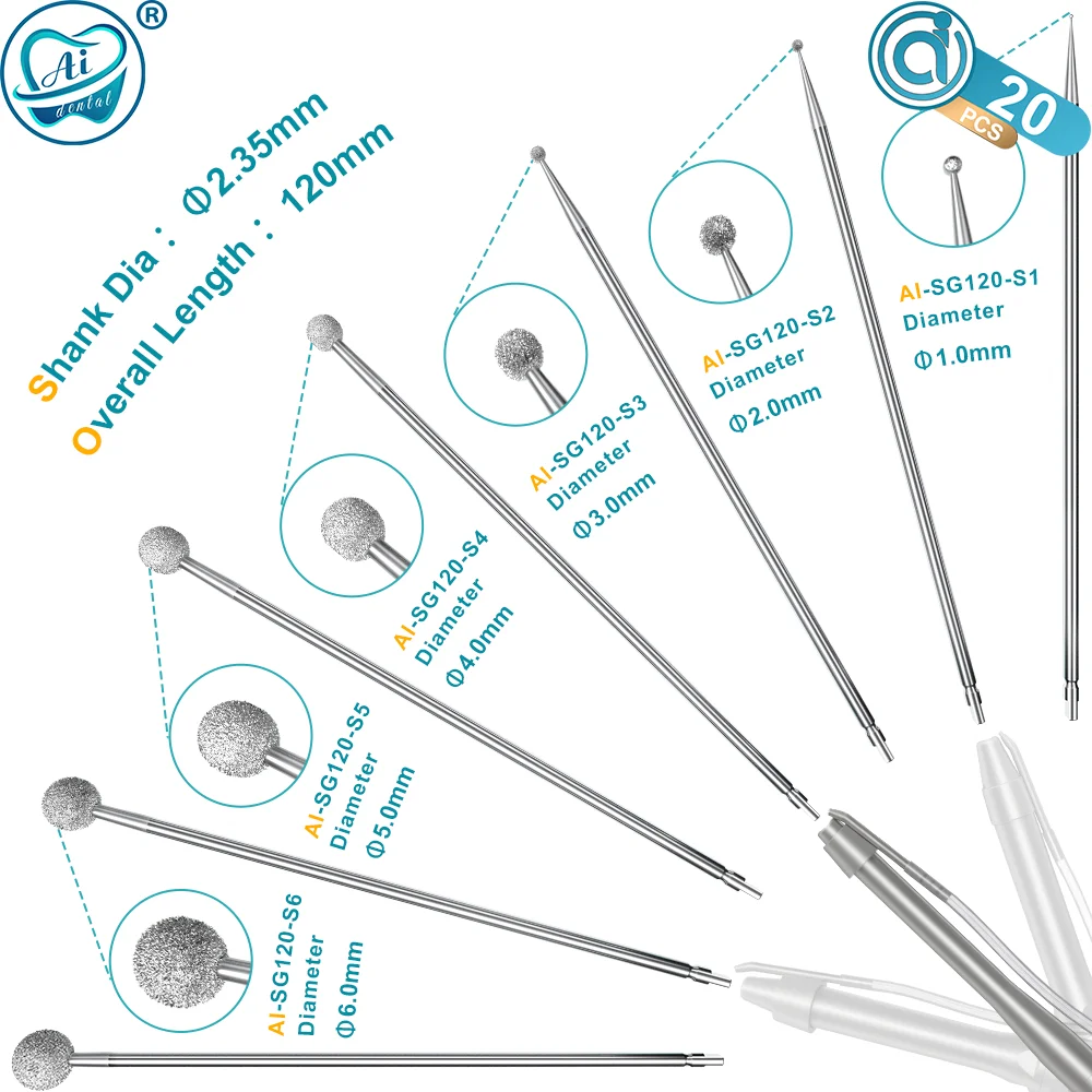 

20 шт. AI-SG120 стоматологические алмазные боры CA, длина 120 мм, диаметр 2,35 мм, сферические сверла для клубники для имплантатов, хирургический наконечник