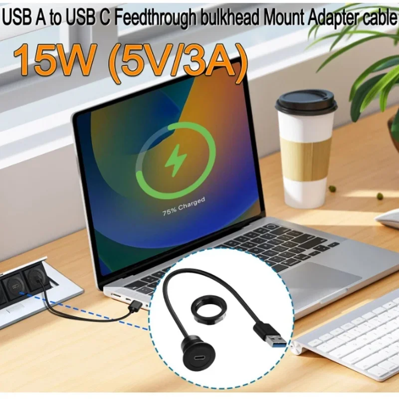 USB3.0 to USB C Female Embedded Mount Adapter Cable 5Gbps  5V/3A Charging, for Car Extension Cord Dashboard Desktop 0.3m 1m 2m