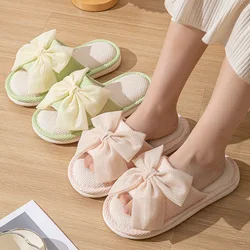 Fashion Big Bowknot Indoor Home Slippers for Women Autumn Winter 2024 Comfortable Soft Sole Non Slip Linen Floor Slippers Woman