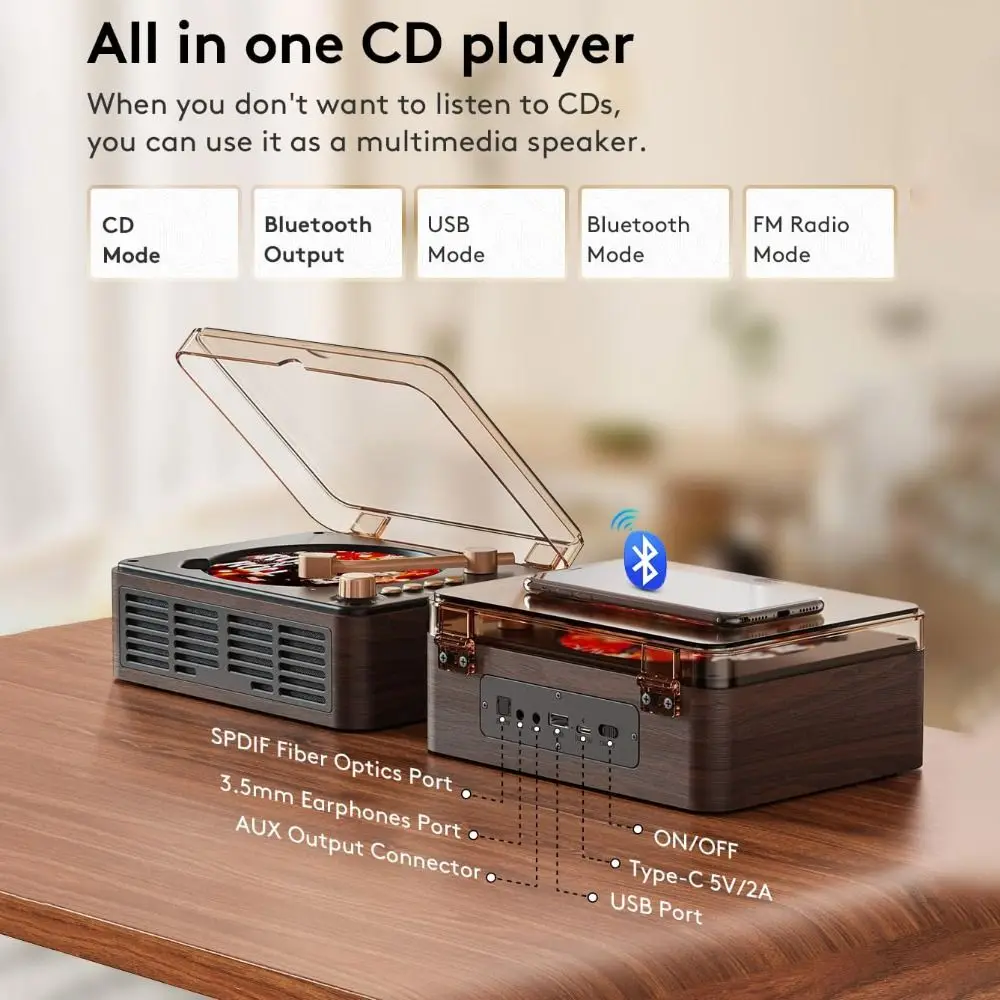 Retro Built-in Speakers Wood CD Player Bluetooth Transmitter Bass Boost Music Player Remote Control Walnut Brown M Radio