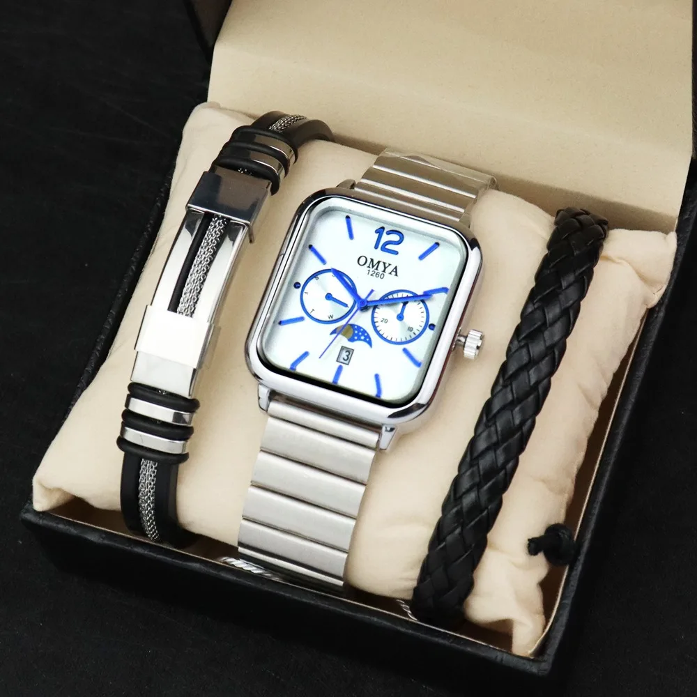 

OMYA Бизнес Уникальный Дизайн Часы для Мужчин Роскошные Часы Браслет Коробка Набор Квадратный Циферблат Мужские Наручные Часы Montre Homme