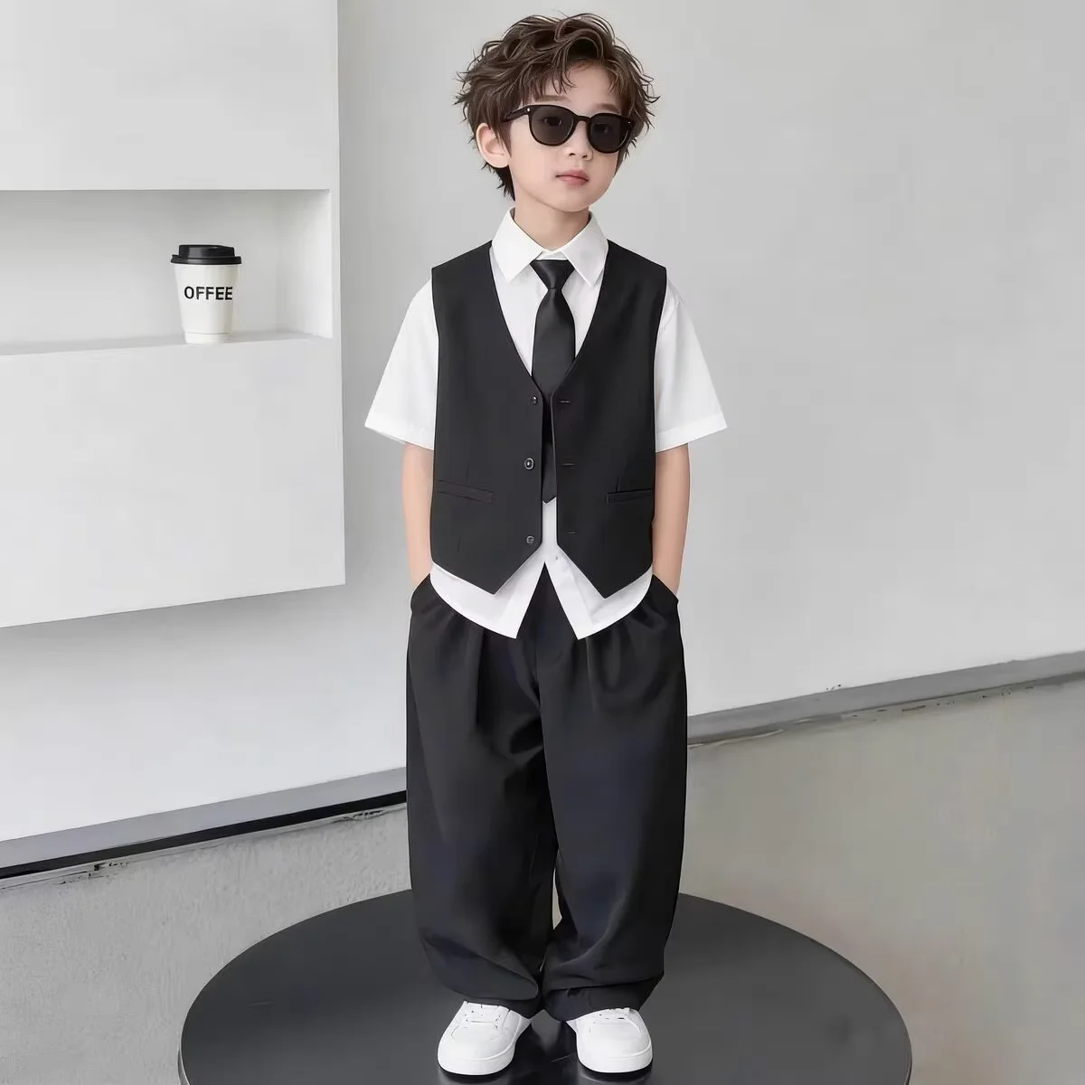 

Boys Summer 4 Piece Set Fashion Short Sleeve Shirt Vest Shorts and Bow Tie Suit Kids Formal Performance Outfit 4 6 8 10 12 15 Y