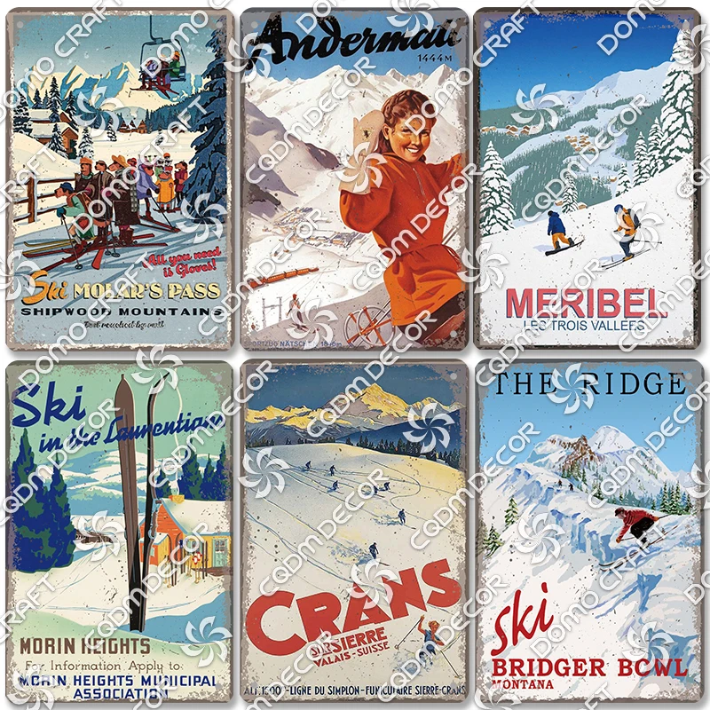 Skiing Poster Metal Tin Signs Ski Slope Sled Winter Skiing Sports Metal Plate Vintage Wall Decor Shop Ski Club living Room Home