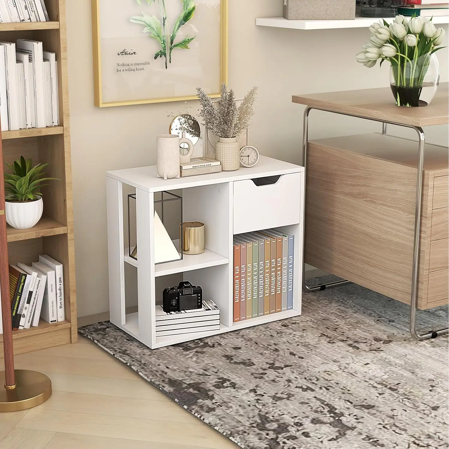 White 3-Cube Storage Shelf with Drawer & 2-Tier Open Display, Multifunctional Bookcase for Living Room & Bedroom, Customized