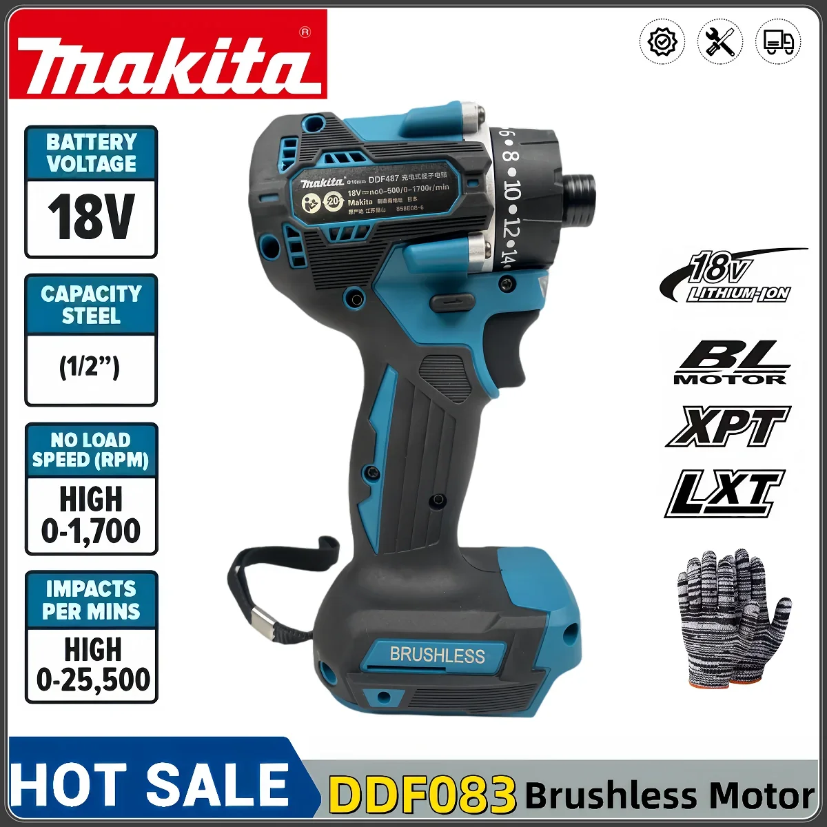 

Makita DDF083 18V Brushless Cordless Driver Drill / DDF083RFE Electric Screwdriver Fit Tighten Screws/Drill Holes 40N.m Torque