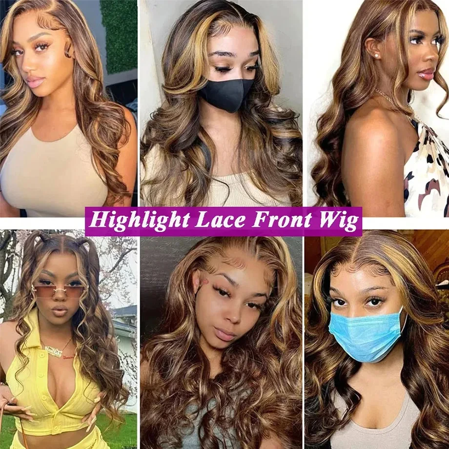 13x4 HD Hightlight 4/27 Wig Highlight Honey Blonde Wigs Color 13x6 Lace Front Wig Body Wave Human Hair For Women