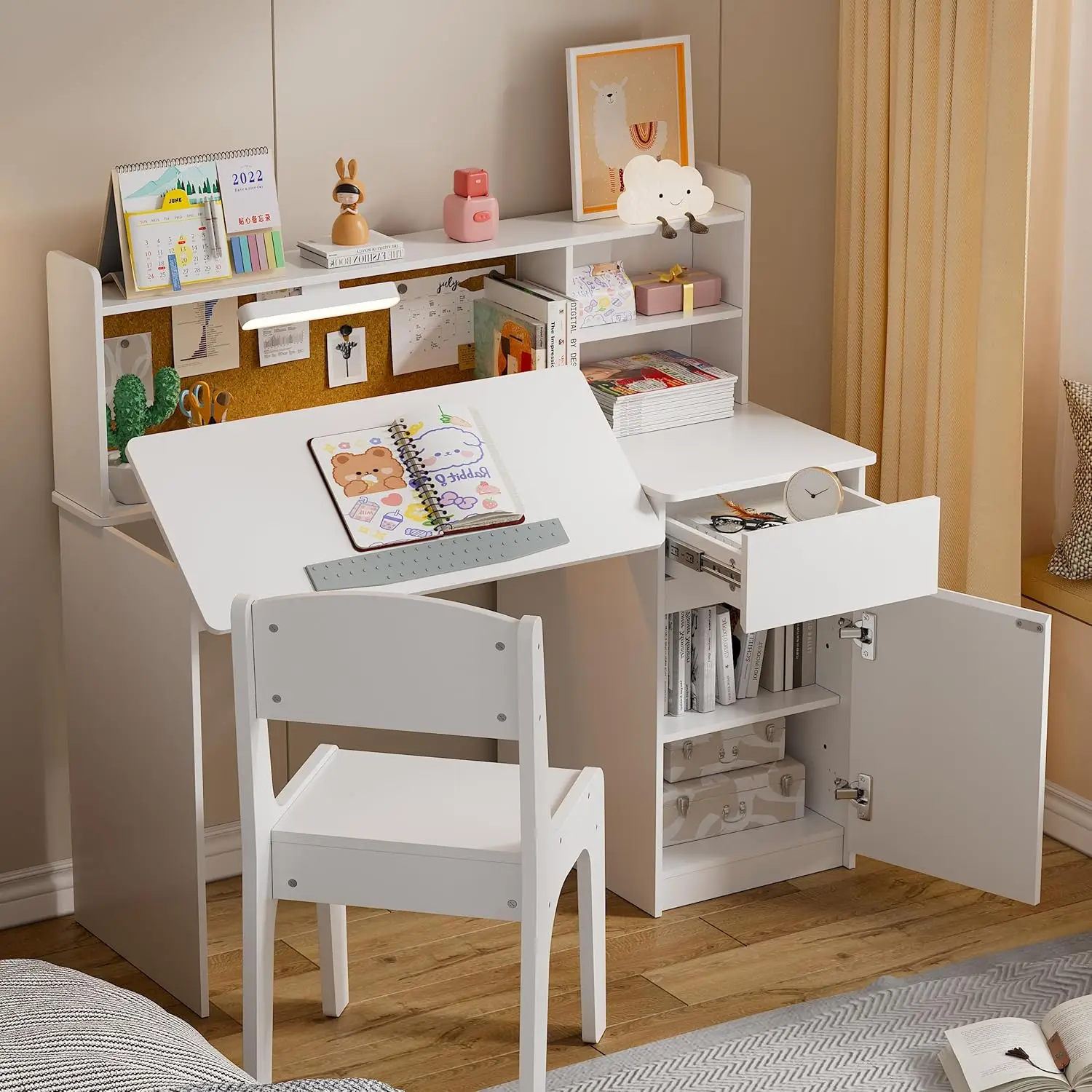 Tiltable Desktop,Multi Functional Wooden Table for Kids 5-12,Student Writing Desk with Hutch,Storage Cabinet for Bedroom