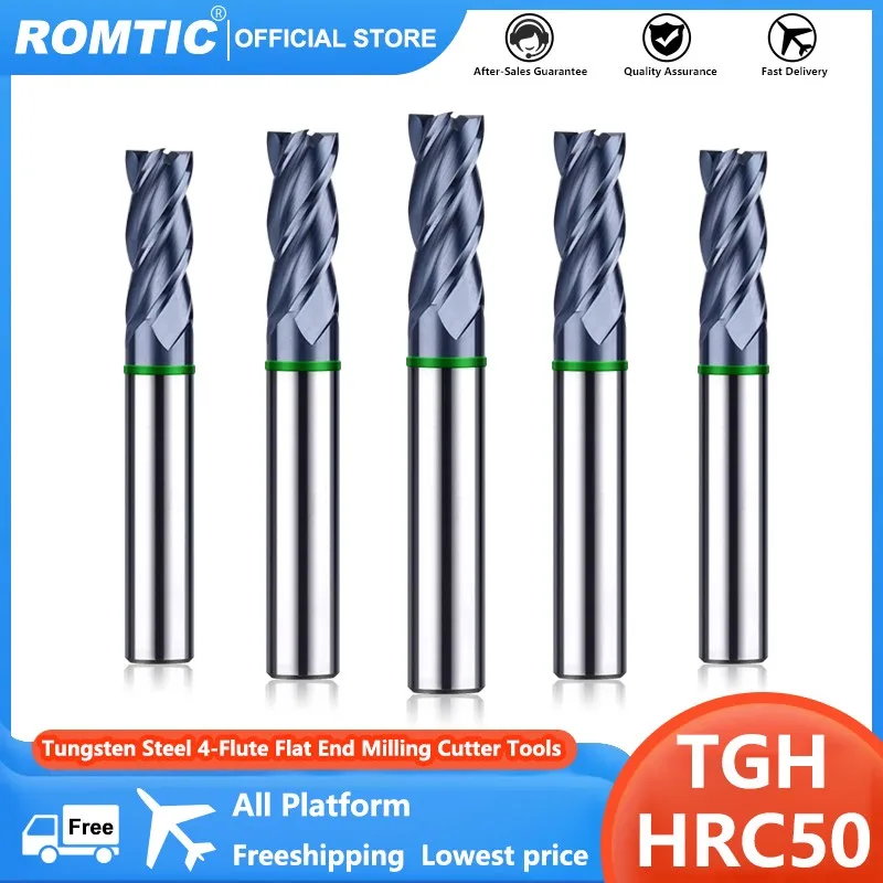 ROMTIC TGH-HRC50 4-Flute Nano Coating Tungsten Steel Carbide Milling Cutter For CNC Mechanical Machining Flat End Mill Tools