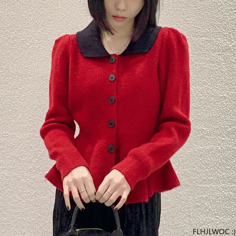 S-3XL New Year Ruffles Peplum Basis Pullovers Jumpers Long Sleeve Loose Japan Cute Sweet Girls Red Knitted Sweaters Cardigans