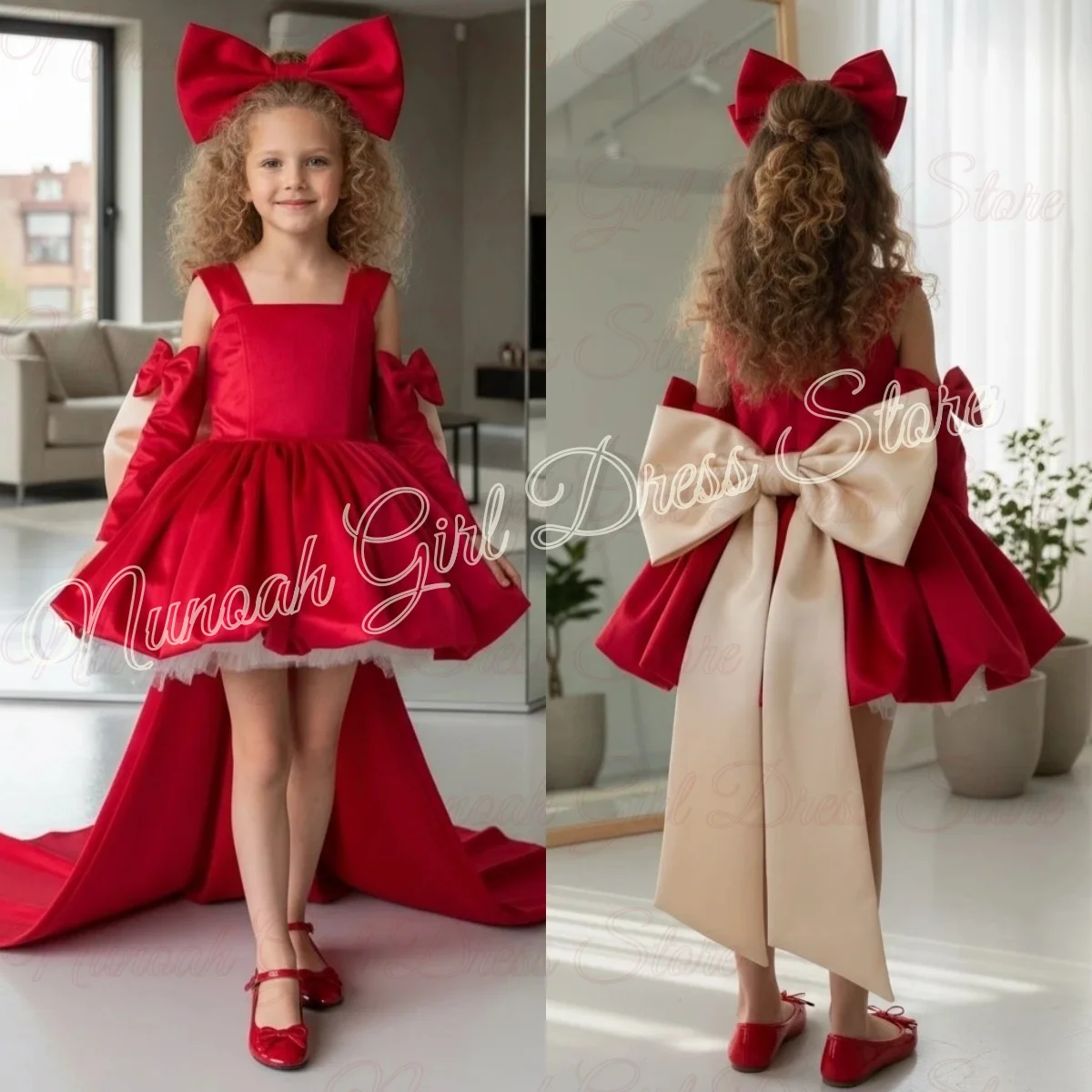 

Lovely Flower Girl Dress For Wedding With Bow Satin Sleeveless Girl Kids Birthday Party First Holy Communion Gown Customized