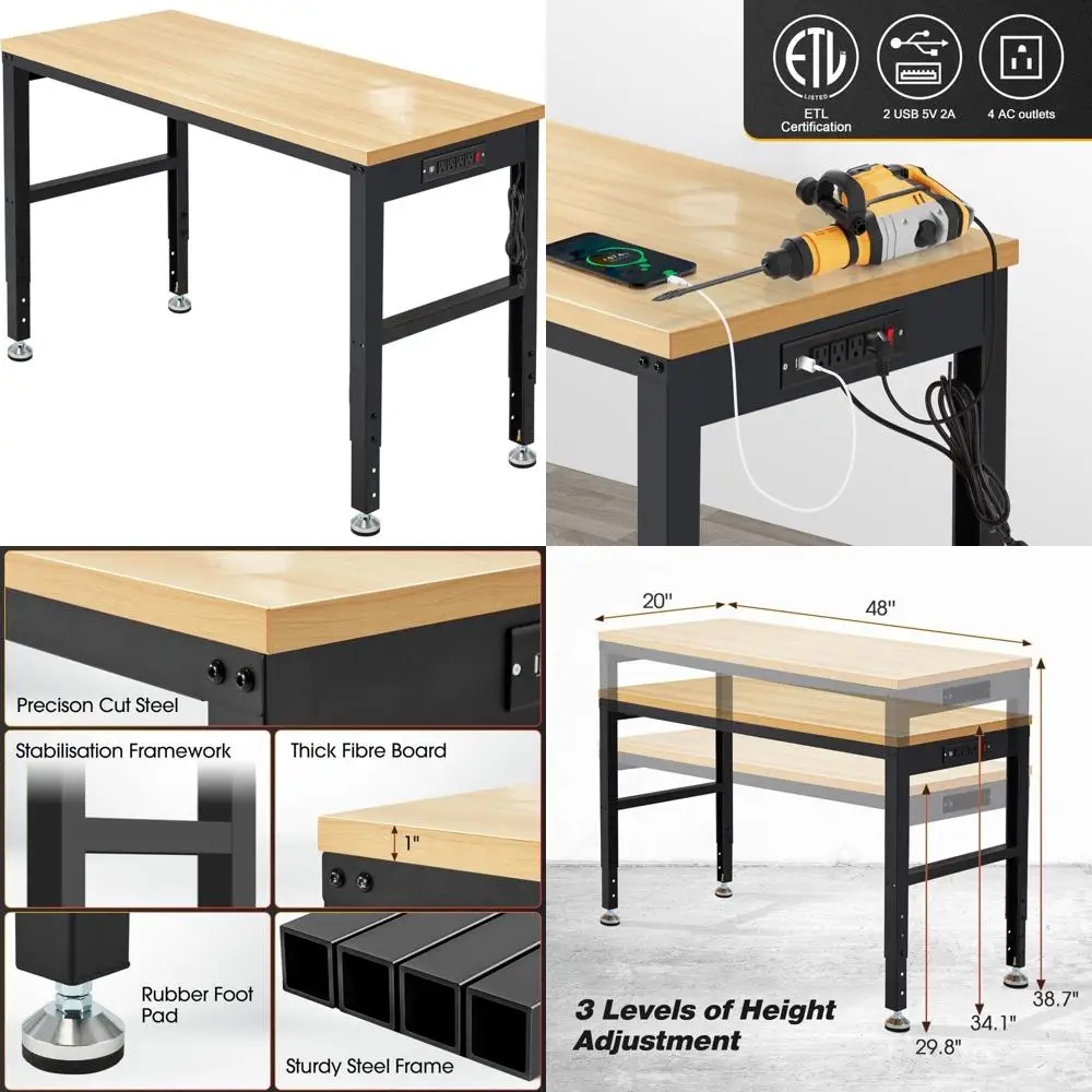 Heavy-Duty Adjustable Workbench with Power Outlet - 2000 lbs Capacity for Garage and Workshop Use