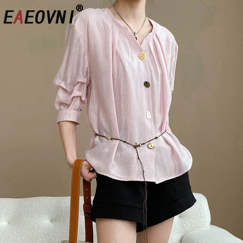 

EAEOVNI, летняя солнцезащитная женская блузка, модная рубашка с v-образным вырезом и длинными рукавами и пуговицами, модная повседневная новая одежда 2024, 1A1191