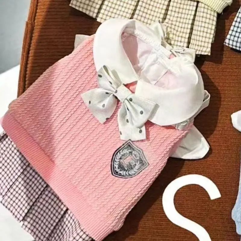 Autumn and Winter College Dress, Pet Sweater Pet Plaid Dress Cat Small Dog Clothes Cute Bow Tie Dog Clothes for Small Dogs