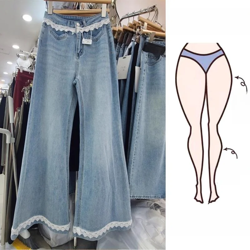 

Весна 2026: Женские джинсы больших размеров с кружевной отделкой, широкие штанины, для фигуры типа «груша», с эффектом похудения, с высокой талией, длинные брюки, всесезонные, повседневные, деним