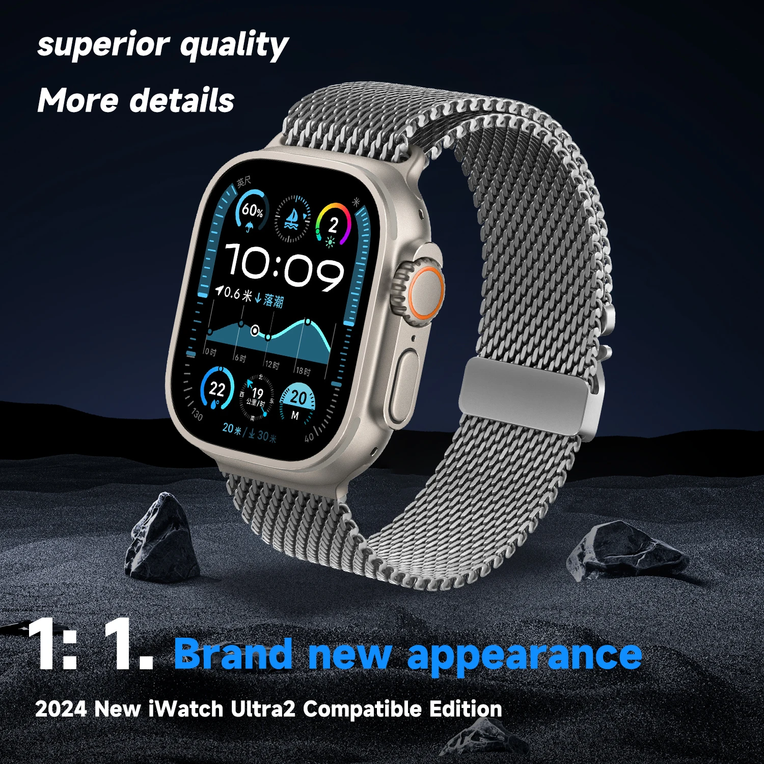 2024 New Natural Titanium Milanese Loop Band For Apple Watch10 9 8 7 6 Se 5 Iwatch Ultra 2 Strap 49mm 46mm 45mm 44mm