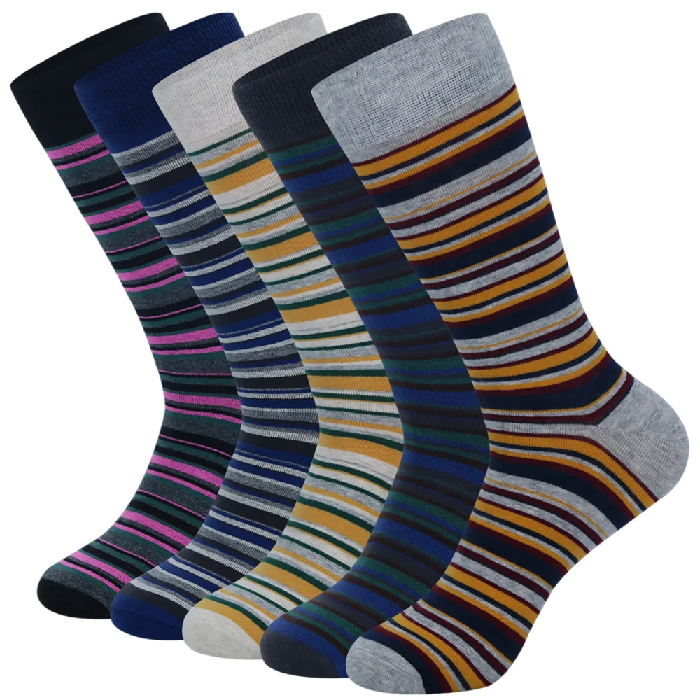 5 Pairs Men Dress Socks Funny Soft Breathable Casual Cotton Fashion Colorful Striped Business Novelty Socks Size EU 42-48