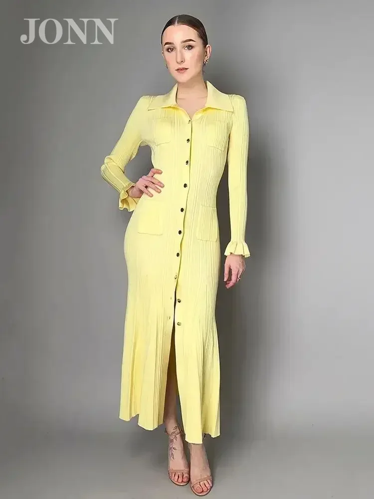 

JONN 2024 Summer Women's Yellow Button Lapel Elastic Ribbed Knitted Sexy Tight Midi Dress Elegant Celebrity Party Evening Dress