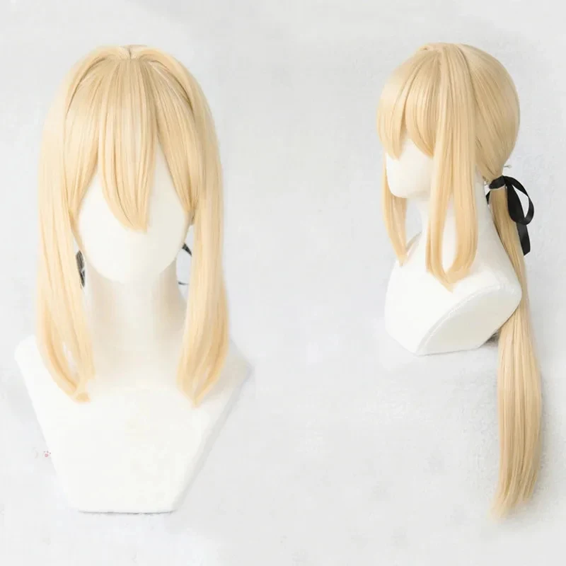 

2025 High Quality Violet Evergarden Heat Resistant Synthetic Light Blonde Hair Cosplay Wigs With Ribbon + Wig Cap gf;.9