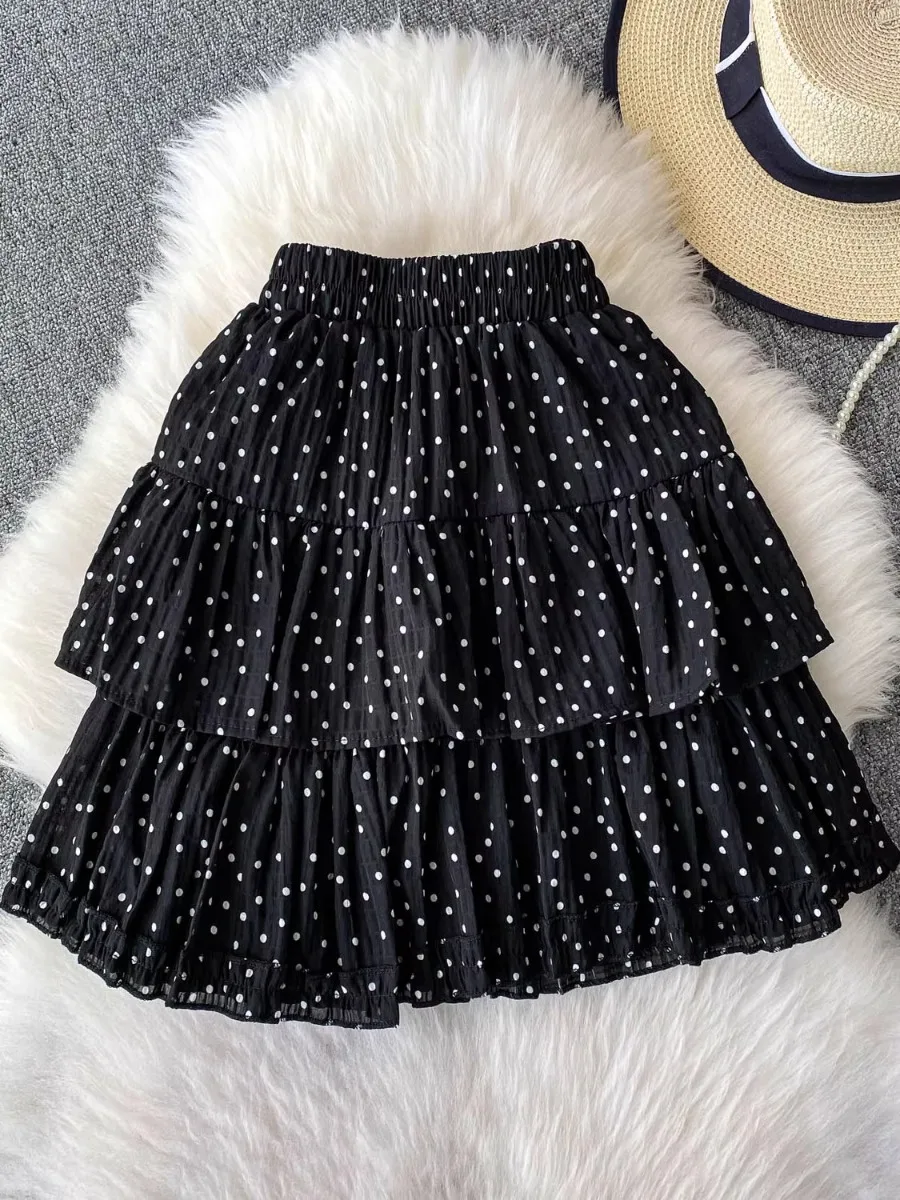 Foamlina Sweet White Polka Dot Tiered Skirt Women 2025 New Petite Versatile High Waist Slimming Anti Glare Lined Mini Skirts