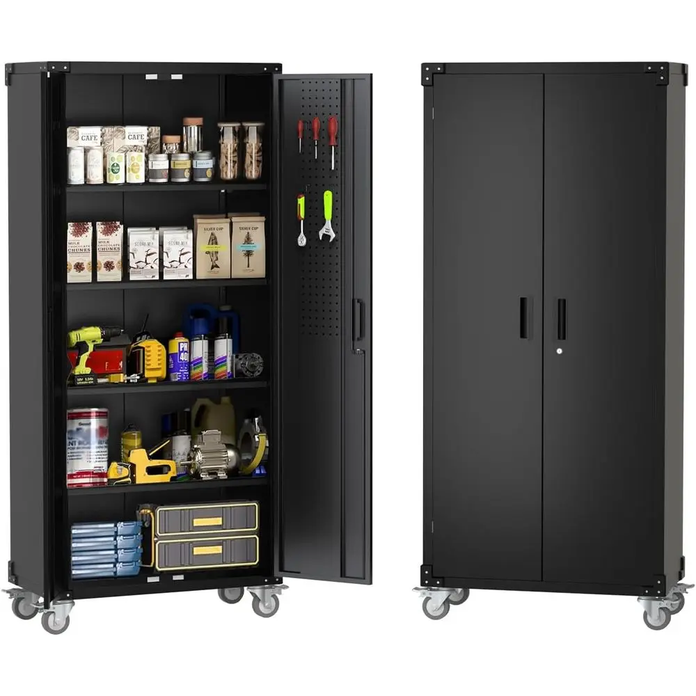 

Metal Storage Cabinet with Wheels, Steel Tool Cabinet with Pegboard and 4 Adjustable Shelves, Lockable Rolling Garage Cabinet fo