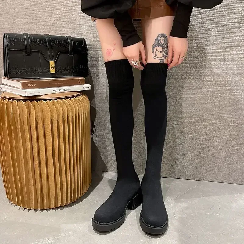 

High Heels Long Boots for Women Elegant Heeled Round Toe Knee Shaft Shoes Woman Sock Gyaru Fashion 2024 Trend Winter Novelty Y2k