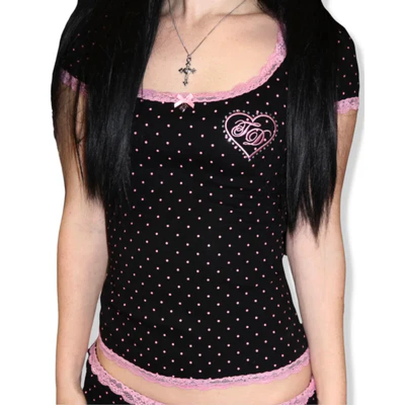 Summer Millennium INS Black Pink Polka Dot T-shirt Women's Lace Love Embroidery Slimming Sweet and Spicy Girl Short Top