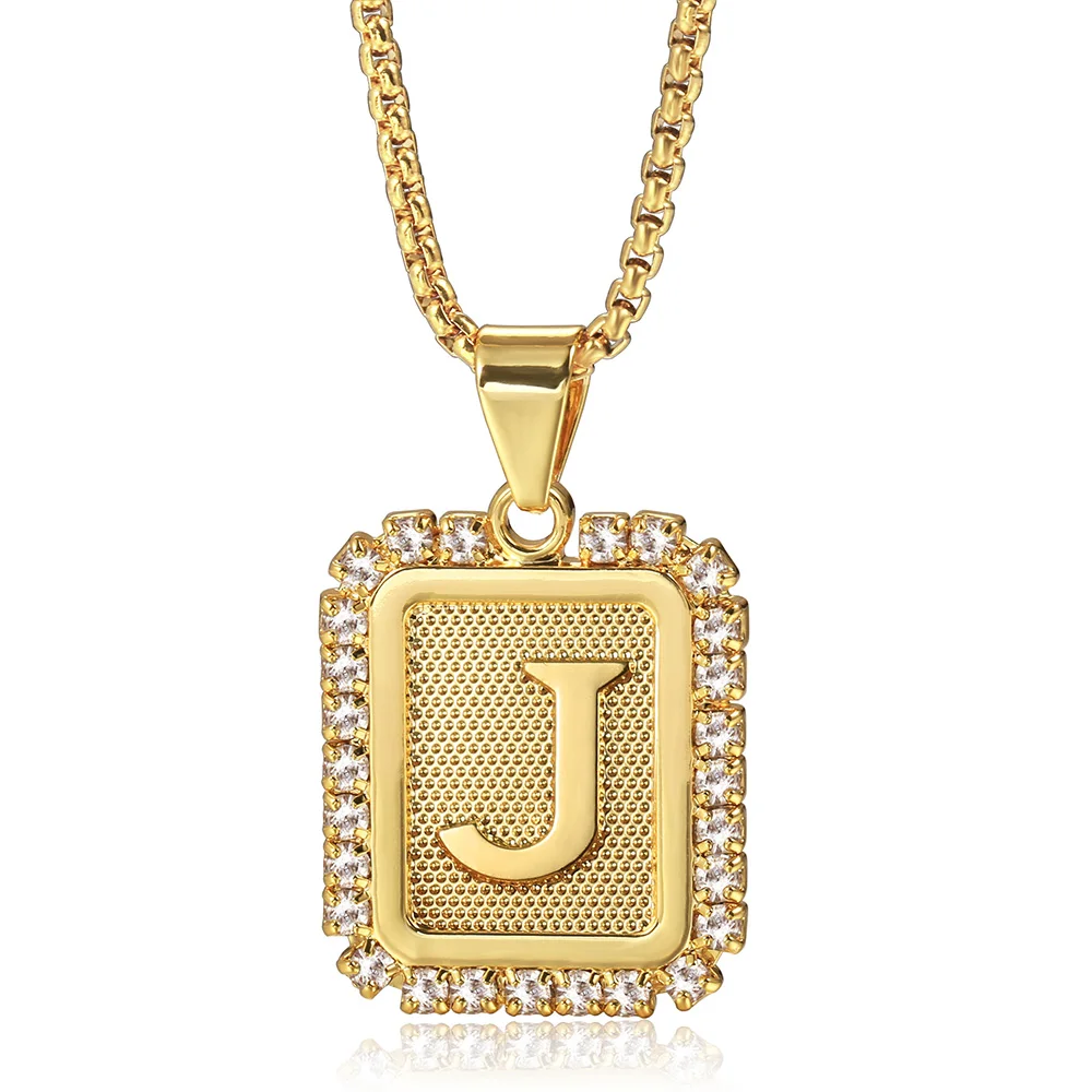 26 Letters Necklace Crystal Rhinestone Square Pendant Box Chain for Women Men A - Z Initia Name Jewelry Gift Wholesale GP441B