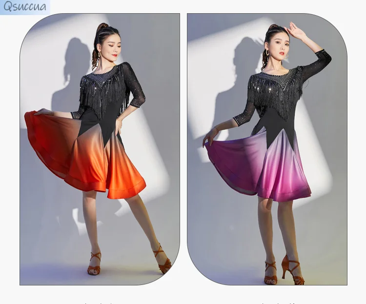 Competition One-Piece Latin Dance Dresses Women Stretchy Dress Half Sleeves Fringes Costume Satin Skirt