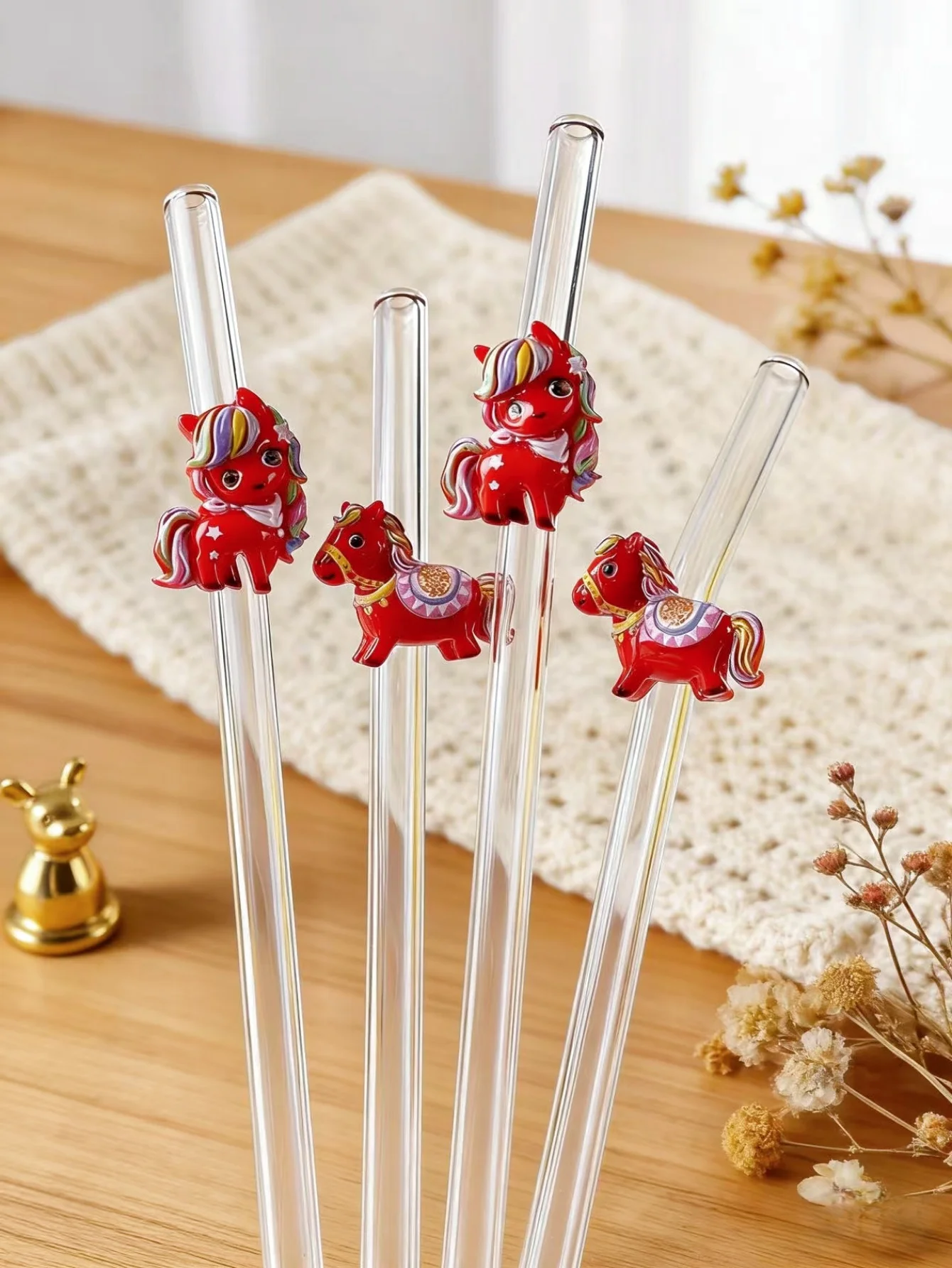 Valentine's Day Cute Pony Glass Straws, Reusable Straight Straw Set for Milk Tea, Juice & Cocktails, Sweet Party & 520 Gift