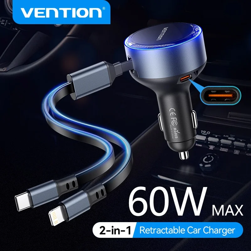 

Vention 2-in-1 Retractable Car Charger USB Charge 60W Max PD Fast Quick Charging With Cable For iPhone Samsung Xiaomi Huawei