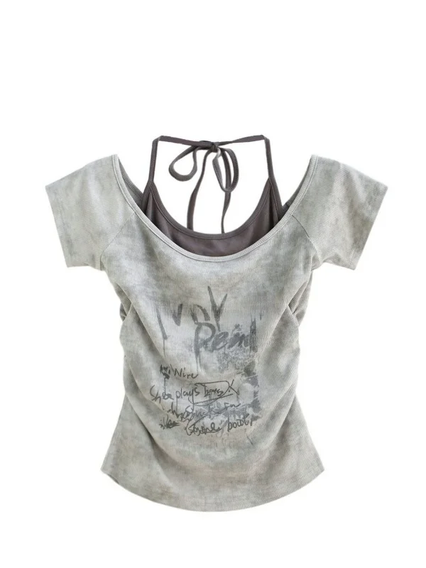 Retro American Spicy Girl Pleated Neck Short Sleeve T-shirt Women's Top Korean Style Commute Fashion Slim Fit Summer Wear