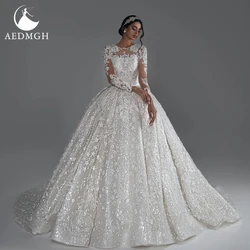 Aedmgh Ball Gown Royal Luxury Wedding Dresses Boat Neck Long Sleeve Vestido De Novia Beading Sequined Custom Made Bridal Gown