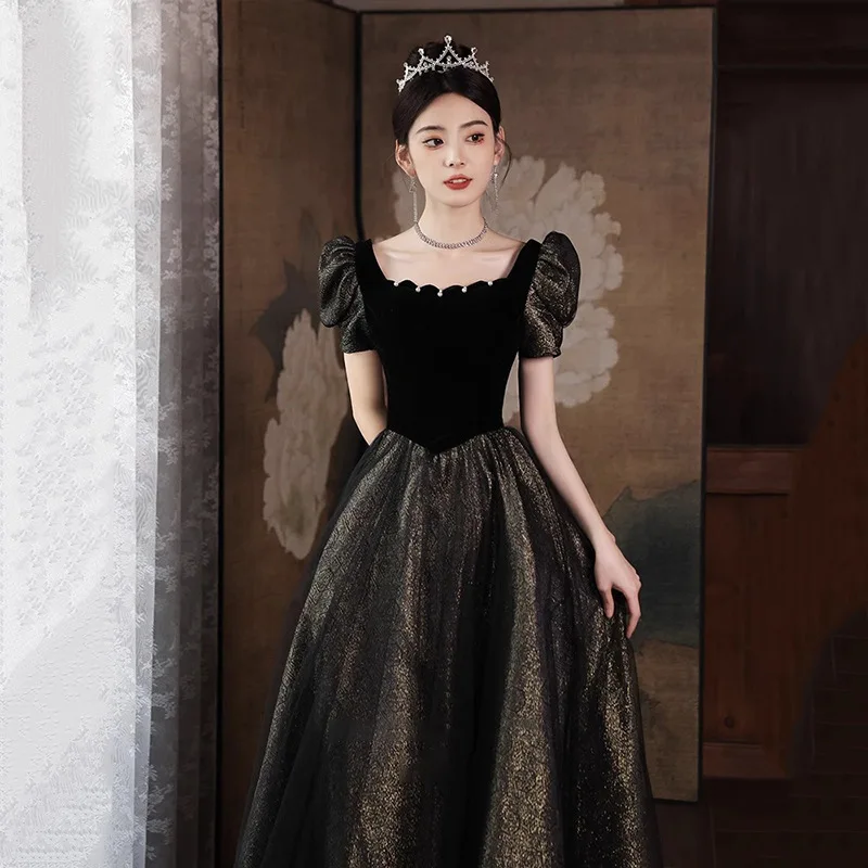 Black Evening Prom Dresses for Women Square Collar Puff Sleeve Casual Princess Dress Elegant Formal Party Ball Evening Dress