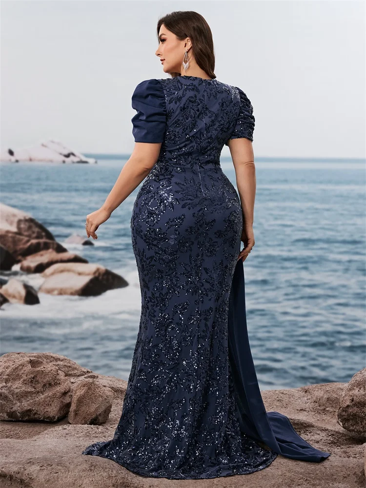Lucyinlove Plus Size Elegant V-neck Sequins Evening Dress Women Short Sleeves Mermaid Formal Luxury Party Streamer Prom Dress image 2