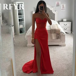 RFYR Orange Prom Dress Sleeveless Sweetheart Satin Evening Dress Sequins Trumpet Party Dress with High Slit Pleats فساتين سهرة