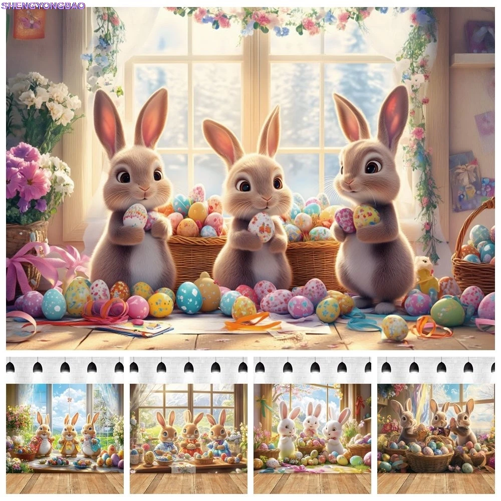 

Spring Easter Rabbits Backdrop for Baby Shower Birthday Party Colorful Eggs Easter Day Decoration Photography Background Banner