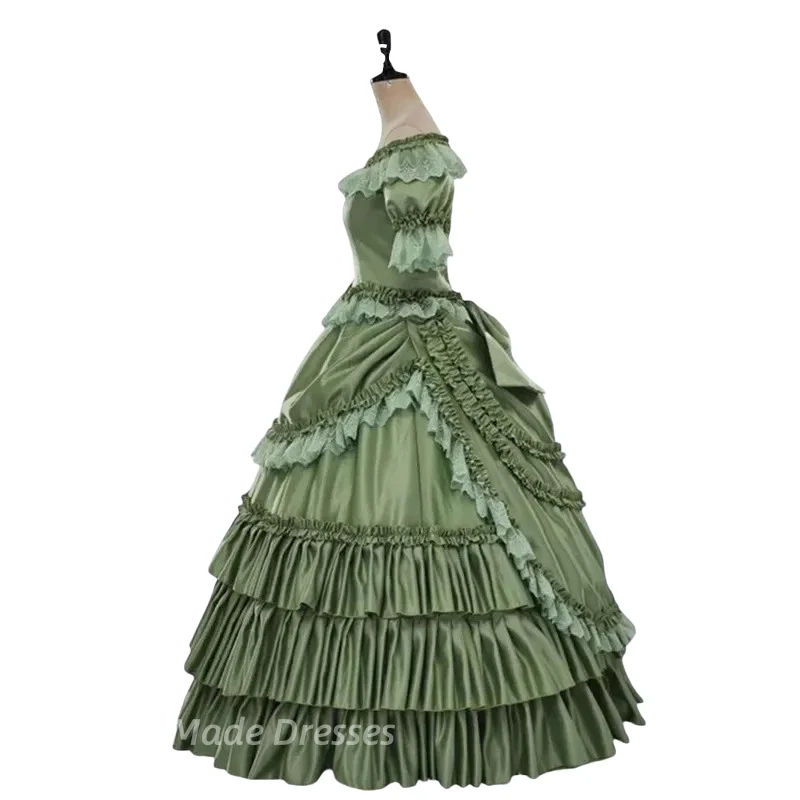 Gotisches viktorianisches Rokoko-Abschlussballkleid aus dem Südlichen Bürgerkrieg, Kostüm, U-Ausschnitt, Falten, gerüschtes grünes Vintage-Abendkleid, individuell gestaltet