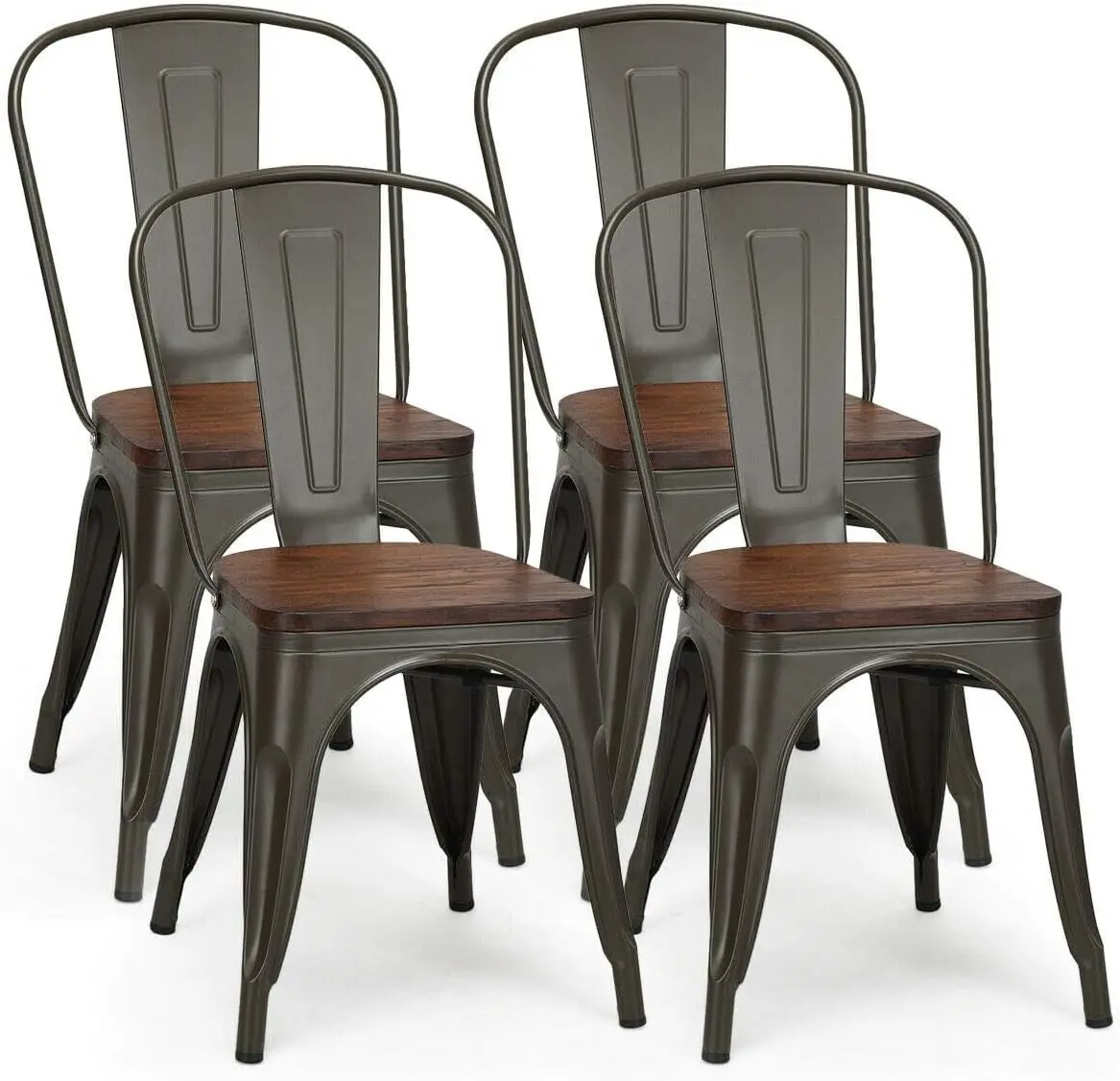 Industrial Vintage Stackable Metal and Wood Dining Chairs in Natural Color for Home, Kitchen and Cafe Bar