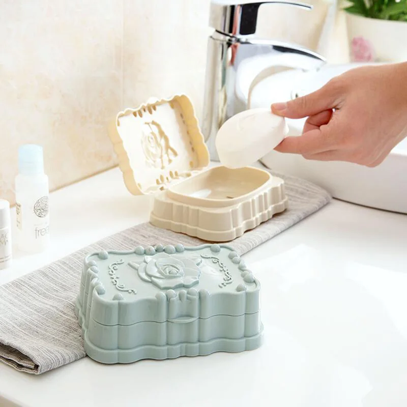 Flower Carved Plastic Storage Soap Box with Lid Travel Portable Soap Saver Soap Holder Soap Dish Bathroom Gadgets Bath Tray Bath