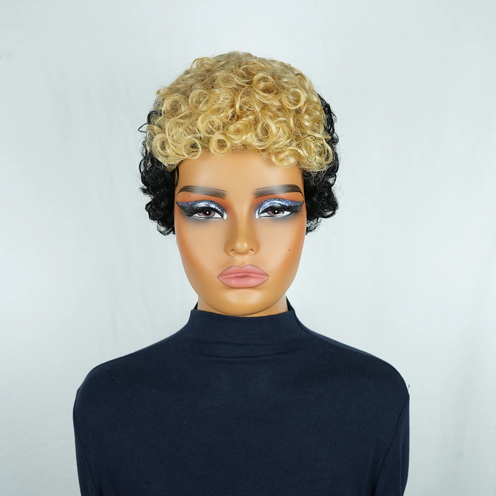 1B 27 вьющихся париков с стрижкой пикси, 100% человеческие волосы для женщин, черный блондин, омбре, модный короткий вьющийся бразильский парик с стрижкой пикси, машинное производство