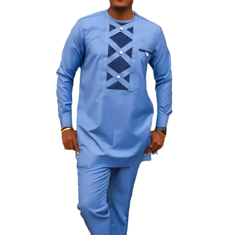 LIBIELIY Four Seasons New Fashion Men's 2 Piece Sets Afirican Syle Ethinic Casual Blue Plaid Clothes And Pants Trendy Muslim Men
